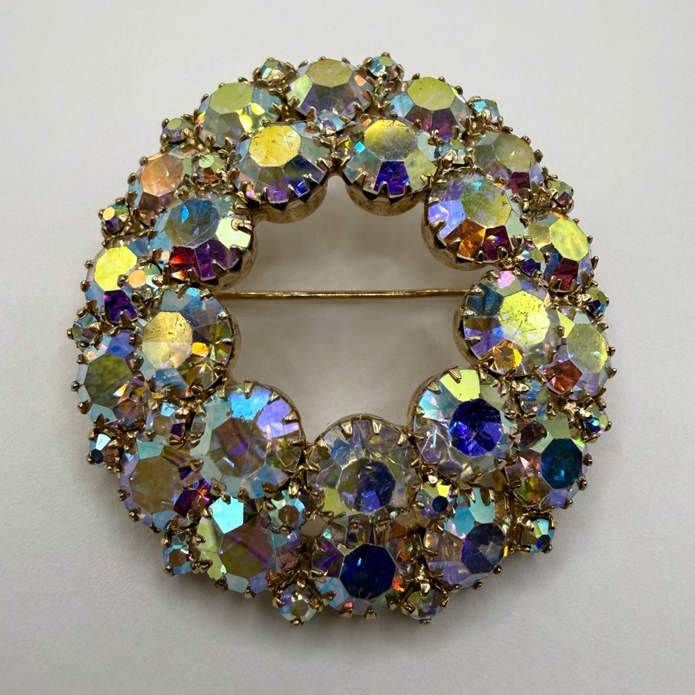 Vintage Aurora Borealis Rhinestone Cluster Brooch Gold Tone Statement Pin